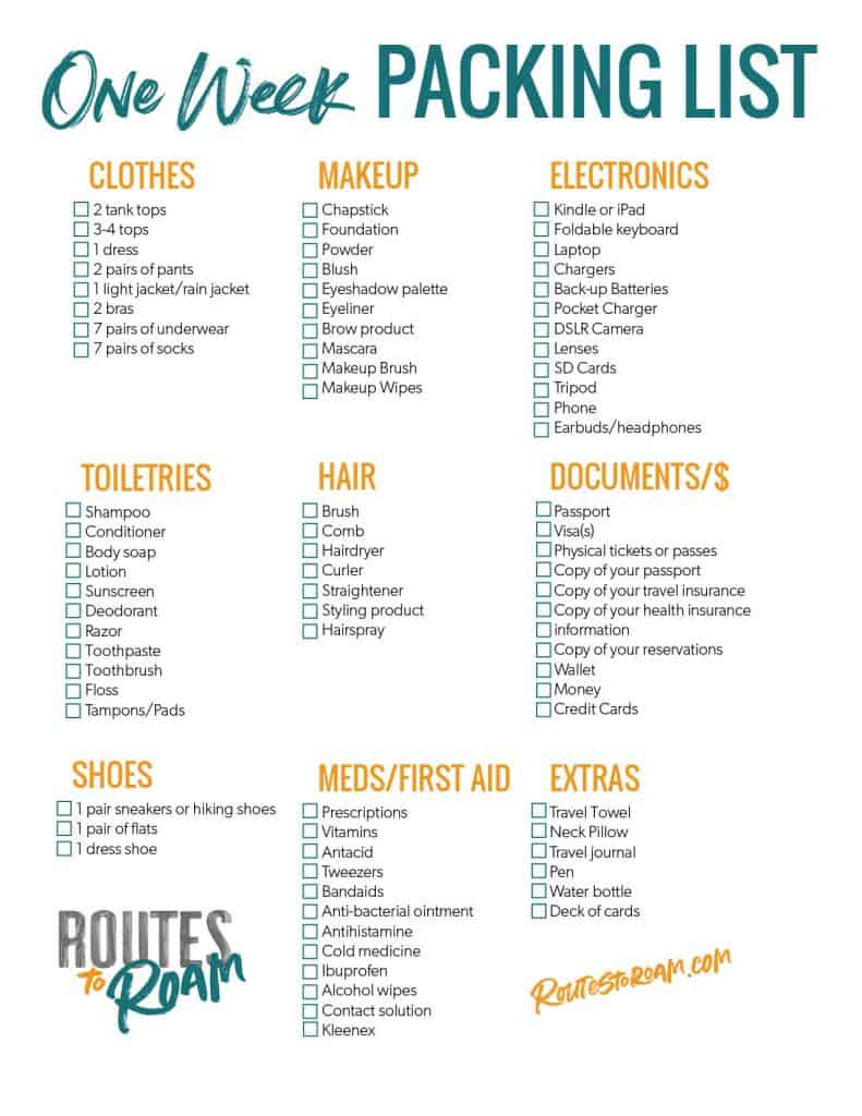 What to Pack for a Week Long Trip Checklist Included Routes to Roam